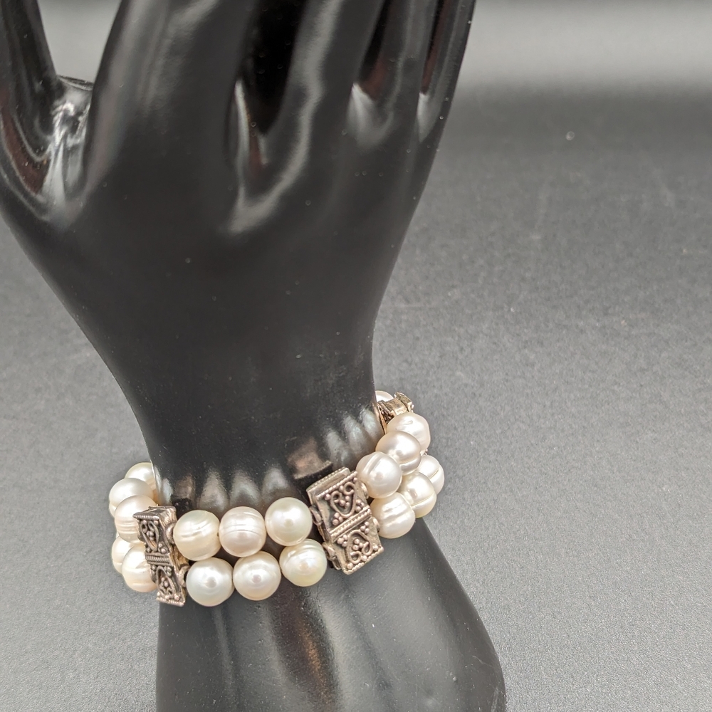 Sterling Silver & Pearl Bracelet, Silver Heart Bracelet, Ladies Bracelet